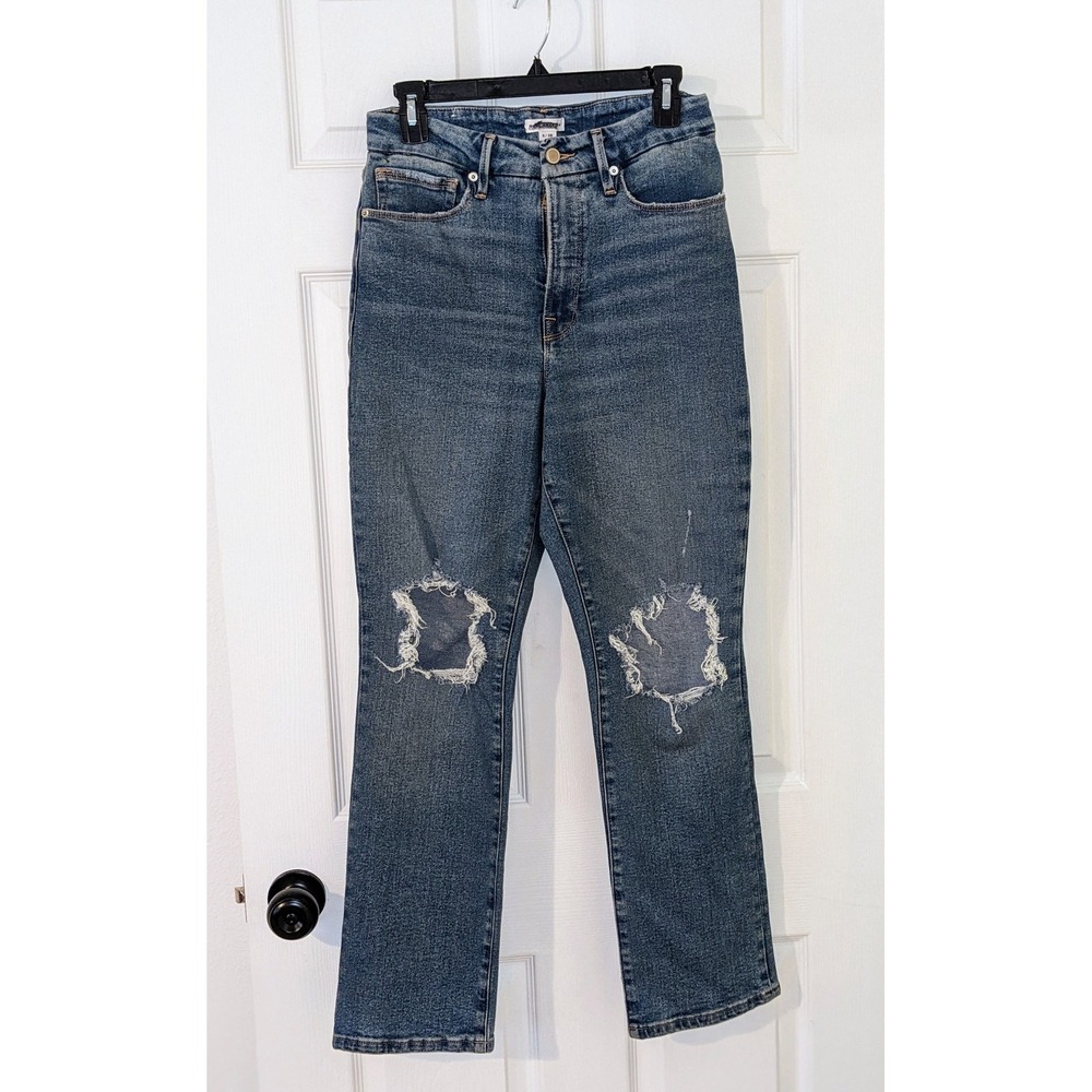 Good American GOOD VINTAGE JEANS High Waist Straight Leg‎ Ripped Knee Jean Sz 6